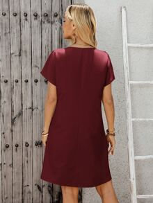 EMERY ROSE Gaun Mini Lengan Pendek Warna Polos Kasual Musim Panas Wanita, Cocok untuk Liburan Siang Hari di Kota, Perjalanan, Liburan, Kantor, Makan Siang, dan Kerja. - Burgundy - View 2