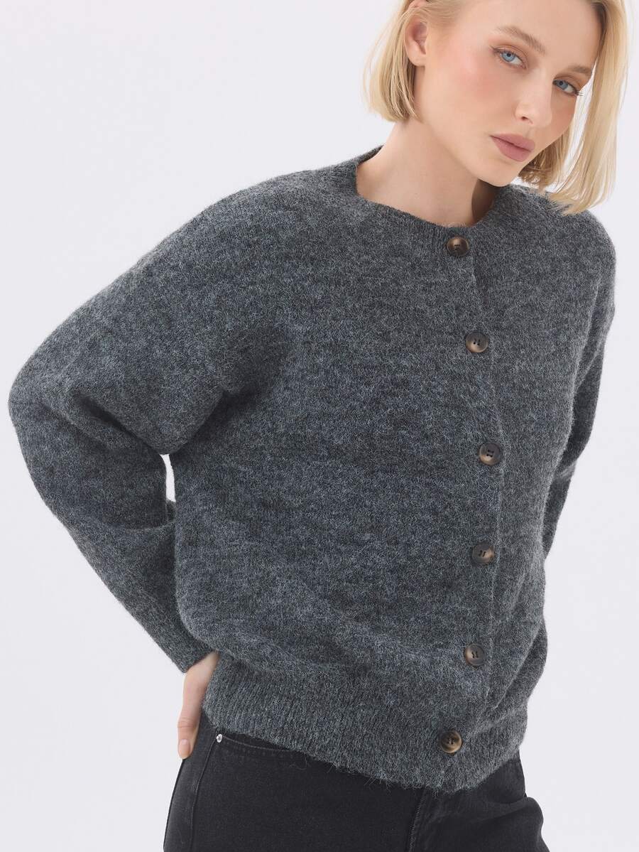 KÆRIA Hus Crew-Neck Button-Front Cardigan - Textured Knit - Charcoal Marle - Button-Up, Layering, Ribbed Trims