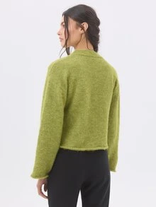 KÆRIA Hus Cropped Crew-Neck Cardigan - Fot Touch Textured Knit - Chartreuse Green - Button-Up, Cropped Knit - Green - View 3