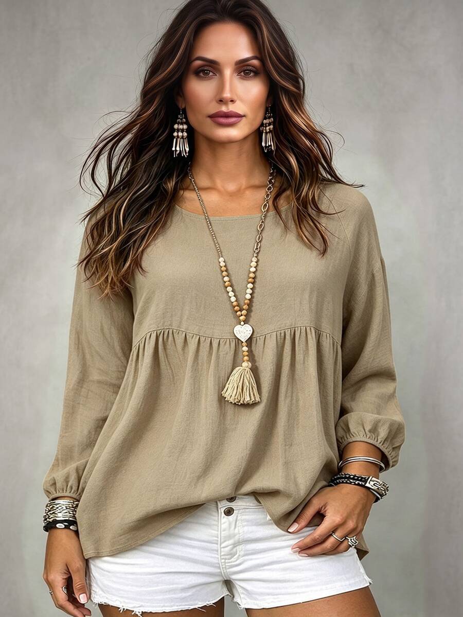 Linhara CURVE Plus Size Women's Woven Casual Fall Shirt - Khaki - View 1