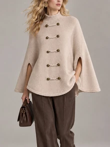 Omancia Atasan Sweater Rajut Longgar Model Cape Wanita Motif Kancing Katak Vintage Musim Gugur/Dingin - Unta - View 3
