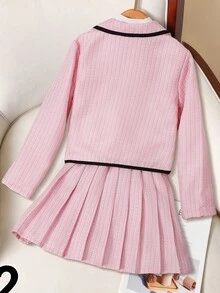 SHEIN 少女秋季蝴蝶結裝飾長袖夾克與百褶迷你裙套裝，家庭校園風，粉色白色可愛學院風 - 粉色 - 查看 2