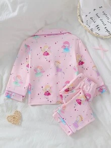 SHEIN 女嬰甜美可愛優雅親膚柔軟舒適休閒日常穿著蝴蝶結與愛心印花針織開襟長袖上衣與長褲2件套居家服 - 彩色 - 查看 2