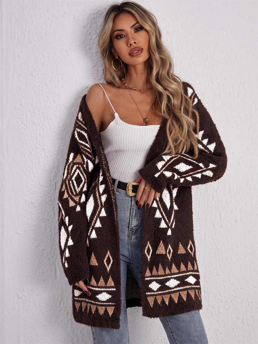 SHEIN LUNE Geo Pattern Fuzzy Knit Cardigan In Fall/Winter - Brown - View 1