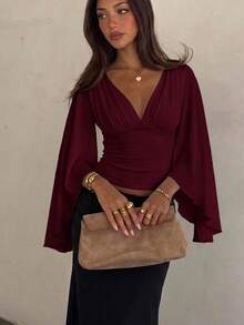 Siren Gaze Women's Solid Color V-Neck Pleated Casual Daily Wear Blouse - Burgundy - View 5