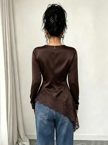 SHEIN 女款緞面圓領長袖上衣，側面抓褶蕾絲飾邊不對稱下擺，酒紅色優雅外出秋季襯衫 - 咖啡棕 - 查看 2
