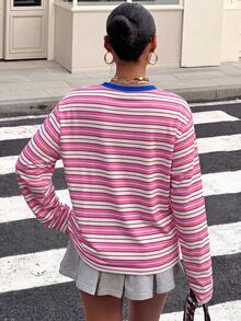 Muchica 女款條紋字母圖案長袖T恤，適合日常通勤、約會、派對、秋冬、夏季、婚禮、海灘、畢業典禮等場合 - 彩色 - 查看 2
