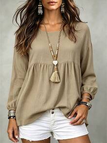 Linhara CURVE Plus Size Women's Woven Casual Fall Shirt - Khaki - View 3