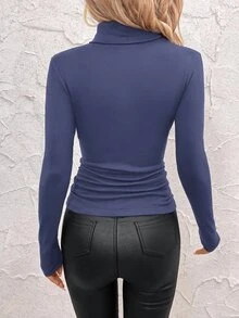 SHEIN Clasi 女款立領抓皺酒紅色收腰抓絨保暖T恤上衣，聖誕休閒居家家居秋季簡約基礎上班穿搭上衣 - 藍色 - 查看 2