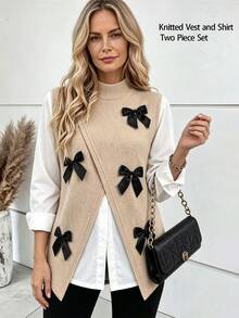 Zayélia Women's Bow-Knit Vest Layered With White Shirt 2 Pieces Set - Khaki and White - View 3