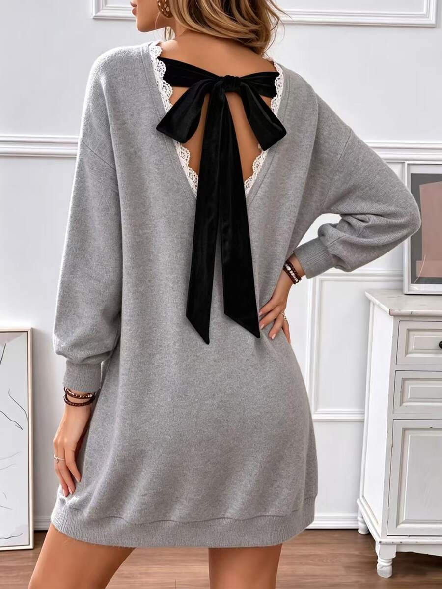 Zayélia Women's Lace Trim Backless Bow Knitted Mini Dress - Grey - View 1