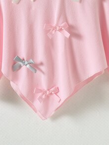 SHEIN 女童秋冬新款休閒兩件套｜不對稱上衣配3D蝴蝶結裝飾，半高領羅紋針織抓絨素色粉色羅紋針織面料上衣＋長褲 - 粉色 - 查看 4