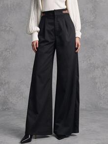 SHEIN Women's Elegant Commute Wide Leg Belt Cinched Waist Design Black Long Pants, Simple And Professional For Daily Wear - Black - View 1