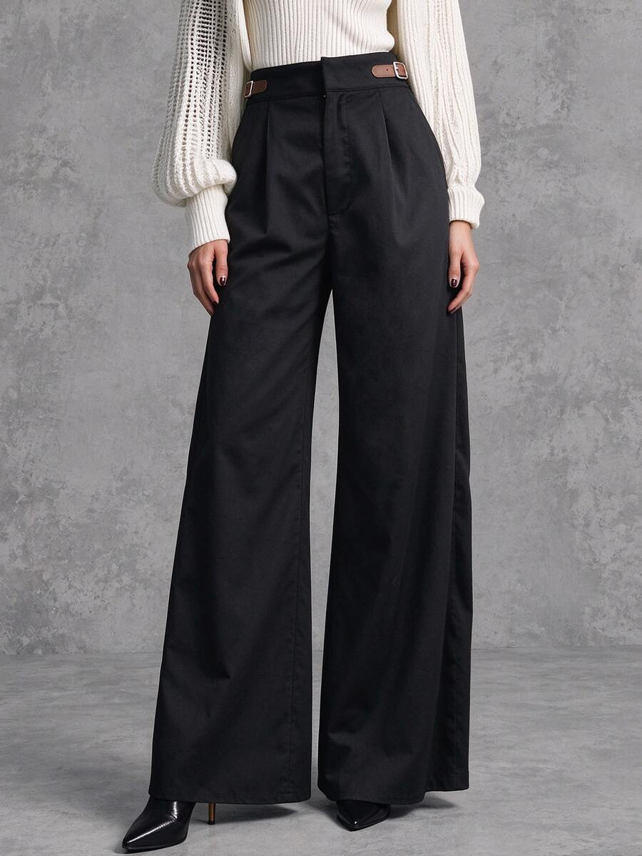 SHEIN Women's Elegant Commute Wide Leg Belt Cinched Waist Design Black Long Pants, Simple And Professional For Daily Wear - Black - View 1
