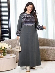 Al Najma Plus Size Women's Colorblock Casual Everyday Hooded Dress - Dark Grey - View 4
