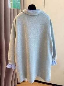 SHEIN 大尺碼女款條紋拼接休閒寬鬆長袖衛衣 秋季 - 灰色 - 查看 2
