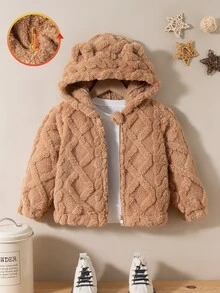SHEIN 1件女款極簡柔美風 3D 粗繩編織紋理毛絨布料連帽拉鍊長袖短夾克，寬鬆落肩版型，羅紋袖口，厚實質感，休閒外套，適合日常穿著與假期出遊，簡約經典，冬季完美穿搭 - 棕色 - 查看 3