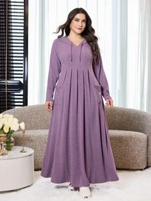 Veilorie Plus Size Women's Solid Color Casual Daily Hooded Dress - Purple - View 3