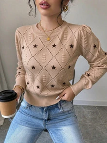 Elenzga 女款休閒星星刺繡針織套頭上衣，長袖秋季秋冬款 - 卡其色 - 查看 5