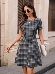 EMERY ROSE 女款夏季優雅學院風通勤格紋短洋裝 辦公室棕色格紋 - 黑與白 - 查看 7