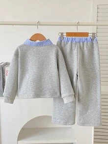 SHEIN 女童淺灰色 2 合 1 針織套裝，條紋襯衫領，時尚休閒，適合日常出遊、玩耍、上學等多種場合 - 淺灰色 - 查看 3