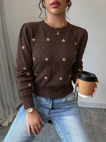 Elenzga 女款休閒星星刺繡針織套頭毛衣，秋季長袖上衣，秋冬款 - 咖啡棕 - 查看 1