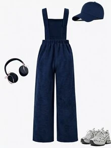 SHEIN 少女版抓絨秋季服飾 秋冬/冬季 羅紋燈芯絨 可調扣彈性腰連身褲，適合秋冬穿著，日常穿搭 - 彩色 - 查看 2