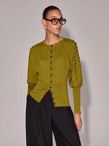 Anewsta Essential Cardigan Rajut Pendek Lengan Kelelawar Bergaris Biru Klein untuk Wanita, Atasan Luar Kasual Vintage Kancing Tunggal untuk Musim Semi dan Gugur - Mustard Yellow - View 7