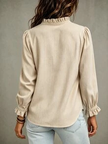 SHEIN 半鈕扣荷葉邊假領荷葉袖襯衫 - 杏色 - 查看 2