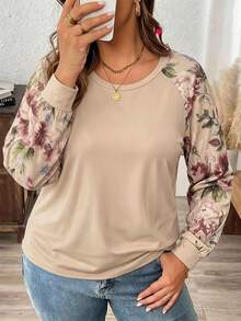 SHEIN CURVE+ Khaki Rose Print Plus Size Women's Casual Raglan Sleeve Crew Neck Loose Fit T-Shirt, Suitable For Spring And Autumn, Extra Large Full Print Raglan Sleeve T-Shirt - Multicolor - View 3