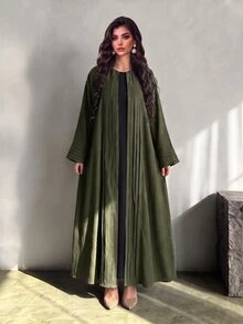 Yasmyna Elegant Round Neck Olive Green, Exquisite Pleated Patchwork Front Center Long Sleeve Raglan Sleeve, Large Flare Women's Arabic Abaya, Suitable For Home Daily, Date And Vacation. - Olive Green - View 7