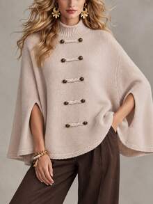 Omancia Atasan Sweater Rajut Longgar Model Cape Wanita Motif Kancing Katak Vintage Musim Gugur/Dingin - Unta - View 4