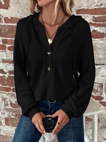 SHEIN Clasi 大尺碼女款橄欖綠休閒連帽衛衣，插肩袖長袖、半開襟鈕扣、抽繩設計，適合秋季居家、辦公、度假與海灘穿著 - 黑色 - 查看 3