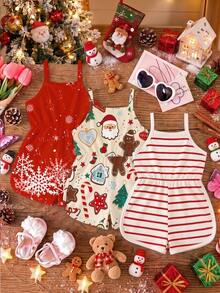 3pcs/Set Baby Girl Christmas New Deer Christmas Tree Snowflake Print Spaghetti Strap Round Neck Casual Romper - Multicolor - View 2
