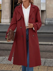 SHEIN Clasi 女款保暖內裡風衣大衣，輕量秋季冬季教師節辦公商務米色休閒優雅 - 紅色 - 查看 3