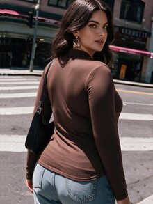 Easura Women's Plus Size Autumn Single Piece New Chinese Style Stand Collar Frog Button Cross V-Neck Long Sleeve Top, Ruched Cinched Waist National Style Elegant Base Layer - Coffee Brown - View 2
