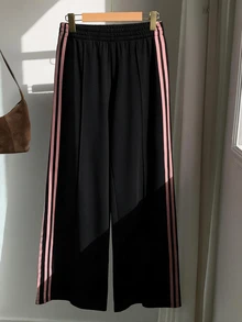 SHEIN EZwear 女款休閒 95% 棉粉色拼色條紋寬腿運動長褲，適合夏季、秋季、冬季穿著，黑色寬腿褲 - 彩色 - 查看 3