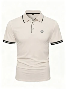 Calvornis Men's Color Block Letter Print Short Sleeve Polo Shirt, Formal, Ceremony - Apricot - View 3