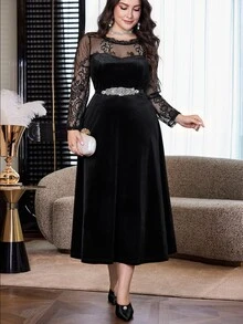 Modelyn Plus Size Women's Lace Patchwork Casual Party Dress - Black - View 7