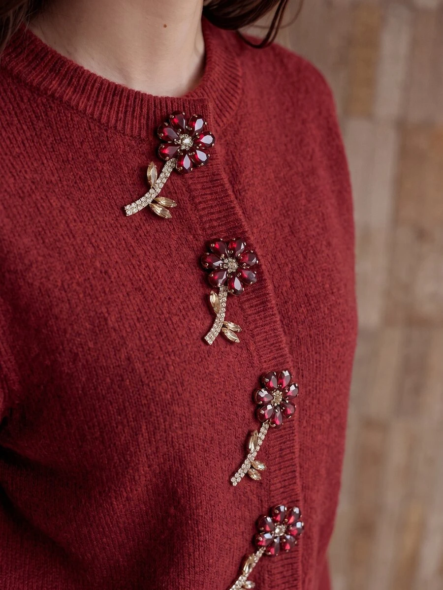MOTF PREMIUM WOMEN'S RHINESTONE FLORAL DECOR CASUAL DAILY WEAR SWEATER - Red - View 2