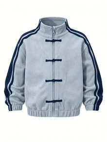 SHEIN Elladie kids 女款新中式國風青蛙鈕扣麂皮夾克，立領，對比色側條紋，彈性下擺，休閒復古運動短版上衣，春秋款 - 藍色 - 查看 3