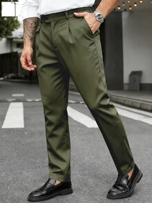 Manfinity Mode 大尺碼男士純色口袋休閒錐形正式長褲，儀式穿著 - 綠色 - 查看 4