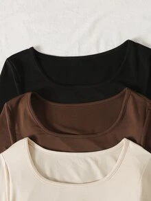SHEIN 青少年女孩/大童女孩休閒百搭U領圓弧下擺抽褶腰純色長袖T恤 3件組 3包裝 - 彩色 - 查看 5