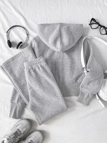 SHEIN Tween Girl 兒童 NYC 城市印花運動衫與喇叭褲 2 件套，灰色拉鍊連帽衫與運動褲休閒套裝 - 淺灰色 - 查看 2