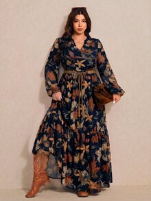 Elaquor Plus Size Floral Print Vacation Travel Dress - Navy Blue - View 4