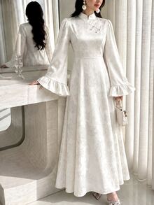 Yasmyna Stand Collar Asymmetric Front Handmade Frog Button Ruffle Flare Long Sleeve Cinched Waist Full Skirt Flattering Slimming Long Dress, White Subtle Jacquard Pattern, Suitable For Dating, Commuting, Daily Wear, Evening Party - White - View 5