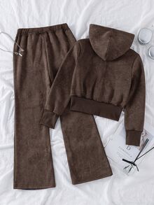 SHEIN Tween Girl 童女復古印花連帽運動套裝，短版拉鍊連帽外套 + 喇叭褲，休閒兩件式套裝，適合春季、秋季、冬季 - 咖啡棕 - 查看 2
