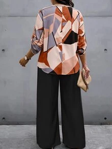 EMERY ROSE 女款大尺碼缺口領鈕扣上衣與下裝兩件套，花卉印花與素色對比植物印花，隨機印花秋季款 - 彩色 - 查看 2