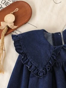 SHEIN Elladie kids 秋季女童牛仔洋裝 大荷葉領泡泡袖 藍色美人魚仙女牛仔女孩風 兒童7歲生日 母女套裝 - 深色水洗藍 - 查看 5