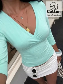 INAWLY Plus Size Women's Solid Color Fitted Versatile Daily Wear Long Sleeve Top Fall - Green - View 3